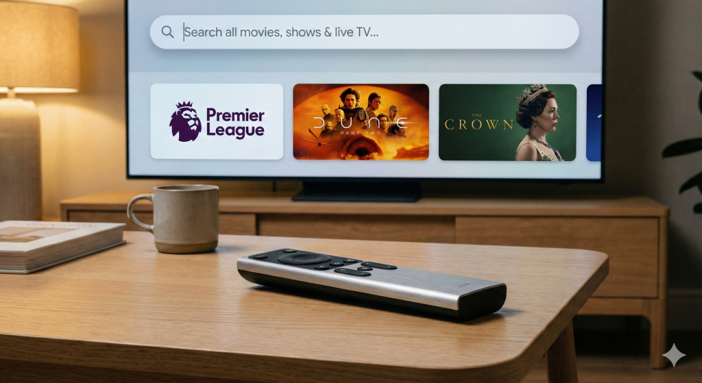 The Future of Streaming: Why 2026 is the Year of "Smart" IPTV 5 A close-up photograph of a modern, sleek smart TV remote control resting on a minimalist coffee table. The TV screen in the background displays a clean, elegant user interface with a prominent search bar at the top containing the text 'Search all movies, shows & live TV...'. Below it, a unified row of thumbnails shows content from a mix of sources (e.g., a live sports channel logo, a popular movie poster, a series artwork), all seamlessly integrated without separate app branding. The lighting is warm and inviting.